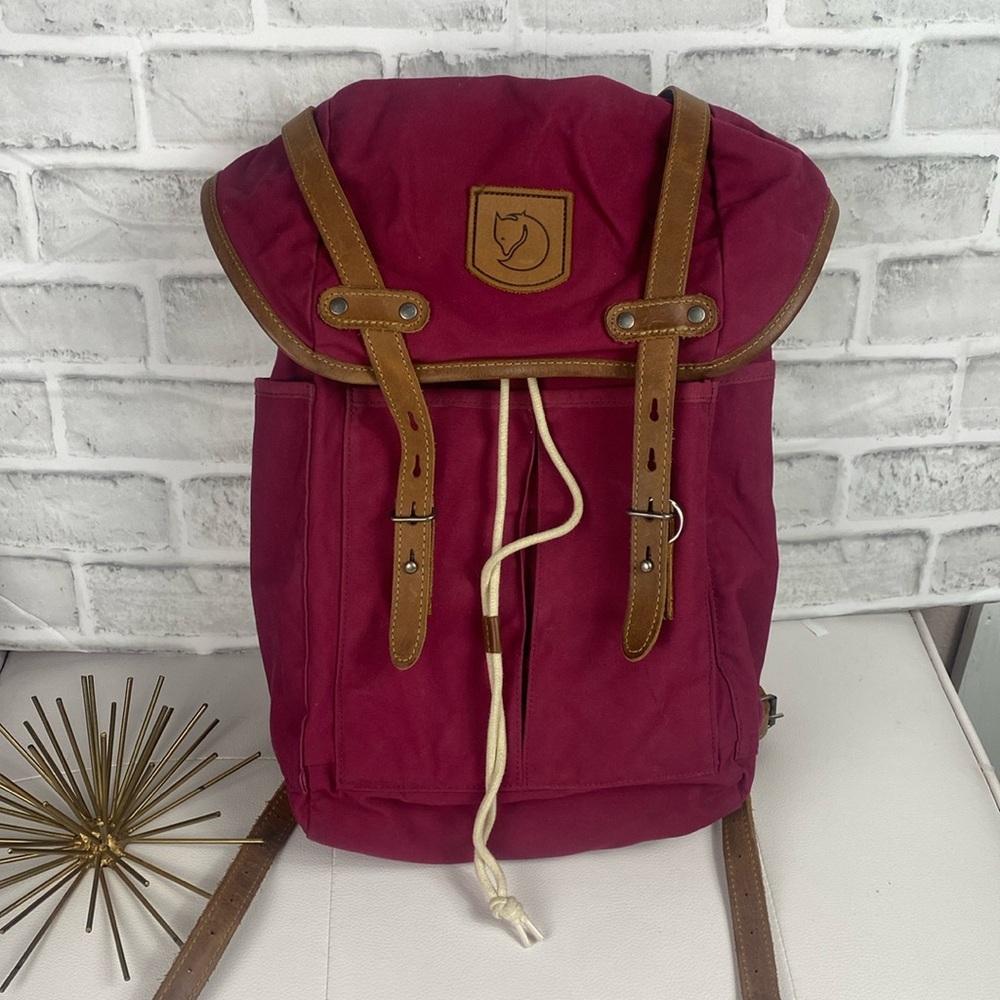Fjallraven Raspberry Red Canvas Backpack with Brown Leather Trim